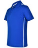A blue short sleeve polo shirt featuring white contrast stripes and a logo.