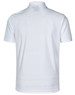 A white men's short sleeve polo shirt with a smooth finish and a brand logo on the back.