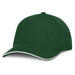 A green cap with a white trim and a branded logo on the front, featuring a curved brim and a structured design. A green cap with a white trim and a branded logo on the front, featuring a curved brim and a structured design.