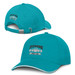 A cap in turquoise with white trim, featuring an embroidered logo, displayed from multiple angles. A cap in turquoise with white trim, featuring an embroidered logo, displayed from multiple angles.