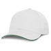A white cap featuring a contrasting green trim on the brim. A white cap featuring a contrasting green trim on the brim.