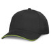A black cap with a contrasting green trim. A black cap with a contrasting green trim.