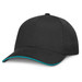 A black cap with a curved brim and contrasting turquoise trim along the edge. A black cap with a curved brim and contrasting turquoise trim along the edge.