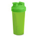 A drink bottle in bright green, featuring a secure lid and a built-in mixer, with a logo on the side. A drink bottle in bright green, featuring a secure lid and a built-in mixer, with a logo on the side.
