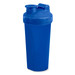 A drink bottle in blue, designed as a protein shaker with a secure lid and spout, featuring a branding logo. A drink bottle in blue, designed as a protein shaker with a secure lid and spout, featuring a branding logo.