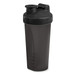 A drink bottle with a black body and lid, featuring a shake-resistant design and a logo. A drink bottle with a black body and lid, featuring a shake-resistant design and a logo.