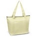 A large, pale yellow cooler bag with two long handles and a zippered top, featuring a front pocket and a logo.