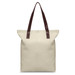 A cream tote bag with brown leather handles and a logo on the front.