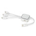 A sleek white Cypher Charging Cable featuring multiple connectors for different devices, with a compact design. A sleek white Cypher Charging Cable featuring multiple connectors for different devices, with a compact design.
