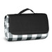 A folded picnic blanket featuring a green and white checkered pattern, with a black carrying handle. A folded picnic blanket featuring a green and white checkered pattern, with a black carrying handle.
