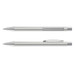 A silver metal pen with a sleek design and a clip, featuring a transparent section on the barrel.