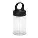 A clear drink bottle with a black cap and a built-in carabiner.