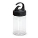 A drink bottle with a clear body and a black, ergonomic cap featuring a carabiner-style hook.