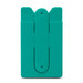 A teal phone wallet with a simple design and a slot for cards, featuring a logo on the front.