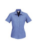 A blue short sleeve button-up shirt with a fitted design and a collar, featuring a logo.