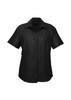 A black short sleeve button-up shirt with a collar and a logo on the chest.