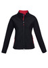 A black soft shell women's jacket featuring red accents and a zippered front, with side pockets and a logo.