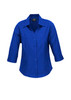 A blue ladies' shirt with 3/4 sleeves, featuring a collar and buttons down the front. It has a logo. A blue ladies' shirt with 3/4 sleeves, featuring a collar and buttons down the front. It has a logo.