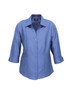 A ladies' blue 3/4 sleeve shirt with a collar, featuring a button-down front and a logo. A ladies' blue 3/4 sleeve shirt with a collar, featuring a button-down front and a logo.