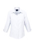 A white ladies' 3/4 sleeve shirt with a collared neck and button closure, featuring a logo. A white ladies' 3/4 sleeve shirt with a collared neck and button closure, featuring a logo.