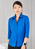 A blue ladies' shirt with 3/4 sleeves, featuring a collar and button-down front. Includes a logo. A blue ladies' shirt with 3/4 sleeves, featuring a collar and button-down front. Includes a logo.