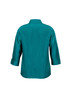 A teal women's 3/4 sleeve shirt with a collar and buttoned cuffs, featuring a logo on the back.