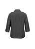 A grey women's 3/4 sleeve shirt with a classic collar and a back view. Features a logo on the fabric.