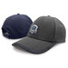 A grey cap with a curved brim and a logo on the front, featuring navy accents at the back and sides.