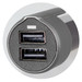 A grey USB car charger featuring two USB ports and a rounded design. It has a logo on the surface. A grey USB car charger featuring two USB ports and a rounded design. It has a logo on the surface.
