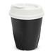 A drink bottle resembling a coffee cup, featuring a black body and a white lid, with a logo present.