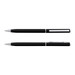 A black metal pen with a sleek design, featuring silver accents and a clip, along with a smooth writing tip.