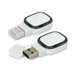 A white 4GB flash drive with a retractable connector and a protective cap, featuring a logo on the surface.