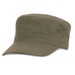 An olive green military-style cap with a flat visor and a stitched band, featuring a logo on the side.