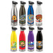 A drink bottle collection featuring various colours: silver, black, blue, white, red, yellow, purple. Each has a unique logo.