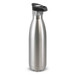 A drink bottle in stainless steel with a push-button lid, featuring a black top and a sleek design.