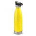 A drink bottle with a sleek design, featuring a bright yellow body and a stainless steel base, includes a push-button lid.