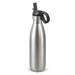 A drink bottle with a sleek stainless steel design and a black flip lid, featuring a handle and a logo. A drink bottle with a sleek stainless steel design and a black flip lid, featuring a handle and a logo.
