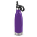 A drink bottle in vibrant purple with a stainless steel base and black flip lid. It features a logo. A drink bottle in vibrant purple with a stainless steel base and black flip lid. It features a logo.