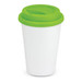 A double wall coffee cup in white with a bright green silicone lid, featuring a logo.