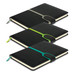 A set of three black notebooks with coloured elastic bands in grey, green, and blue. Each notebook has a bookmark. A set of three black notebooks with coloured elastic bands in grey, green, and blue. Each notebook has a bookmark.