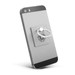 A phone stand in silver and grey with a ring grip on the back and a small logo.