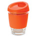A drink bottle with a clear glass base and an orange silicone lid and sleeve, featuring a small opening for sipping. A drink bottle with a clear glass base and an orange silicone lid and sleeve, featuring a small opening for sipping.