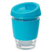 A drink bottle in turquoise with a clear glass base and a silicone sleeve. It features a matching lid with a spout. A drink bottle in turquoise with a clear glass base and a silicone sleeve. It features a matching lid with a spout.