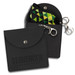 A black key ring pouch with a patterned inner lining and a clip attachment. Features a logo on the front.