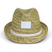 A straw fedora hat in tan with a white band and a blank logo area. A straw fedora hat in tan with a white band and a blank logo area.