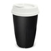 A drink bottle in black with a white lid, featuring a ribbed design and a logo. Holds 470ml.