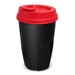 A drink bottle with a black body and a red lid, featuring a textured design and a logo.