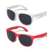 Malibu Basic Sunglasses in white and red, featuring dark lenses and a branding logo on the side. Malibu Basic Sunglasses in white and red, featuring dark lenses and a branding logo on the side.