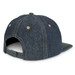 A denim flat peak cap featuring a dark blue fabric, with a snapback closure and a logo on the side. A denim flat peak cap featuring a dark blue fabric, with a snapback closure and a logo on the side.