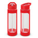 A drink bottle featuring a clear body with a vibrant red silicone lid and base, equipped with a flip-open spout. A drink bottle featuring a clear body with a vibrant red silicone lid and base, equipped with a flip-open spout.